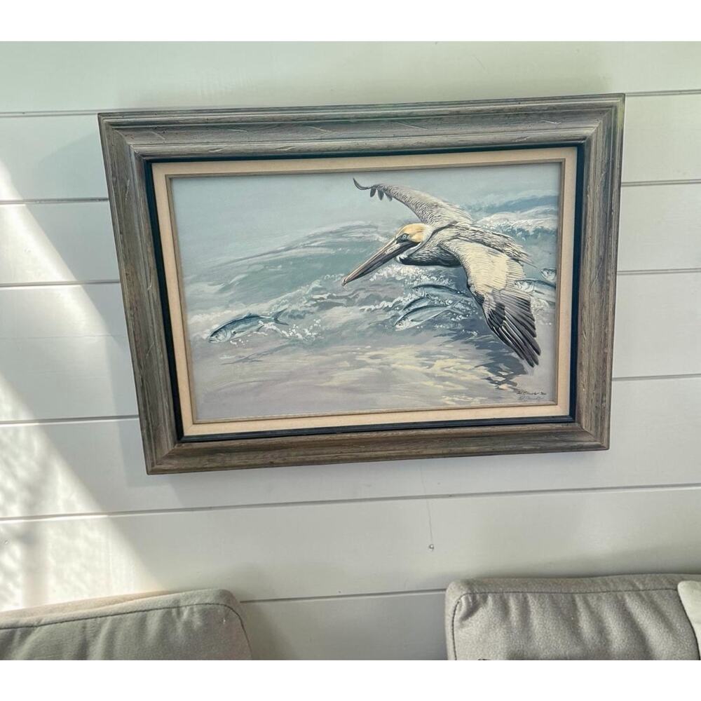 ED FRENCH Large Framed Art Pelican Signed Signed Cruisin’ The Blues #2/450 Beach